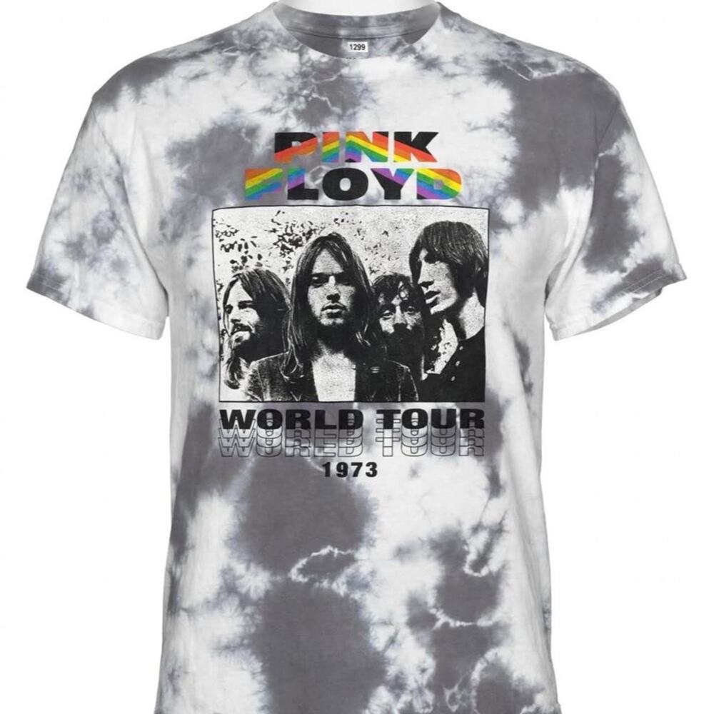 Pink Floyd World Tour 1973 T-Shirt Mens L Gray Tie Dye Rainbow Logo Licensed '22